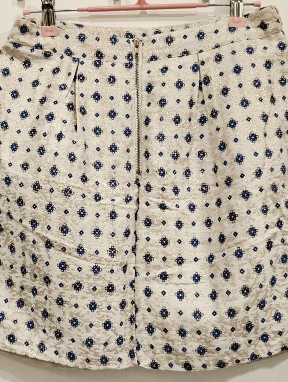 Miami Cream Brocade Shimmery Skirt with Blue Floral Print And Beaded Waist.